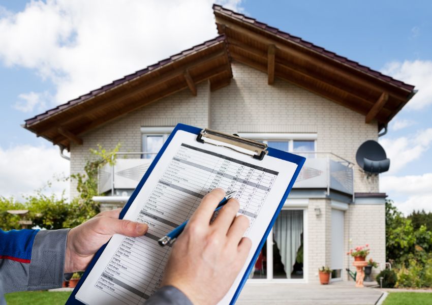 person holding a maintenance checklist in front of a house